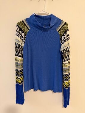 Free People Faux Turtleneck Sweater with Crochet Patterned Sleeves